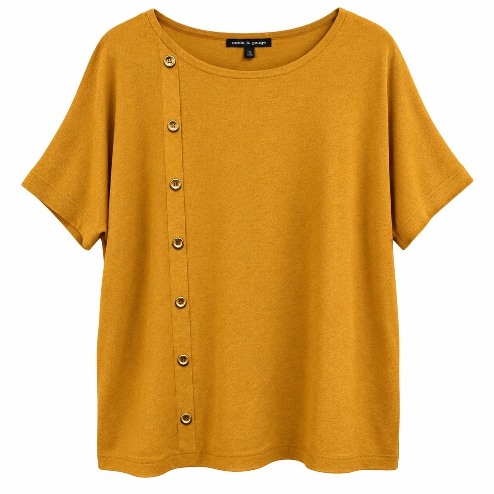 Cable & Gauge Mustard Yellow Asymmetric Button Knit Top Short Sleeve XL